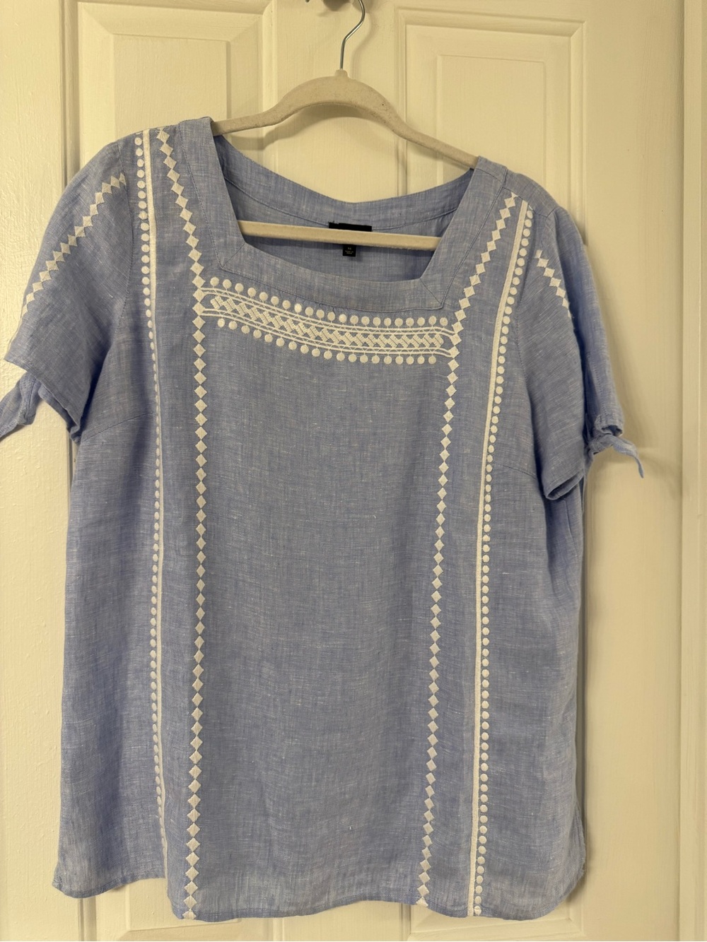 Talbots Light Blue Linen-Blend Embroidered Square-Neck Top